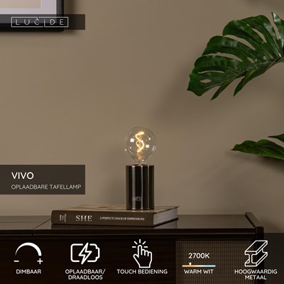 Lucide VIVO - Oplaadbare Tafellamp - Accu/Batterij - Ø 8 cm - LED Dimb. - E27 - 1x1W 2700K - Mat zwart chroom